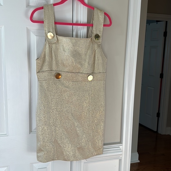 NWT BEBE GOLD SLIM OVERALL BUTTON DRESS SZ L - Picture 3 of 5